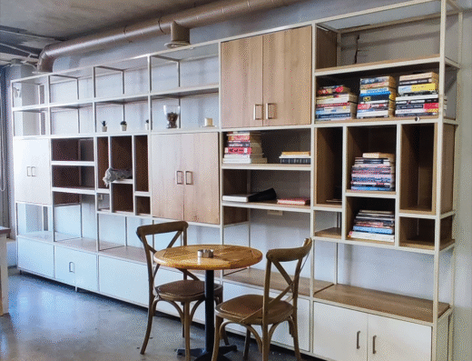 High-Visibility Shelving with Drawers for Reny in Coffee House